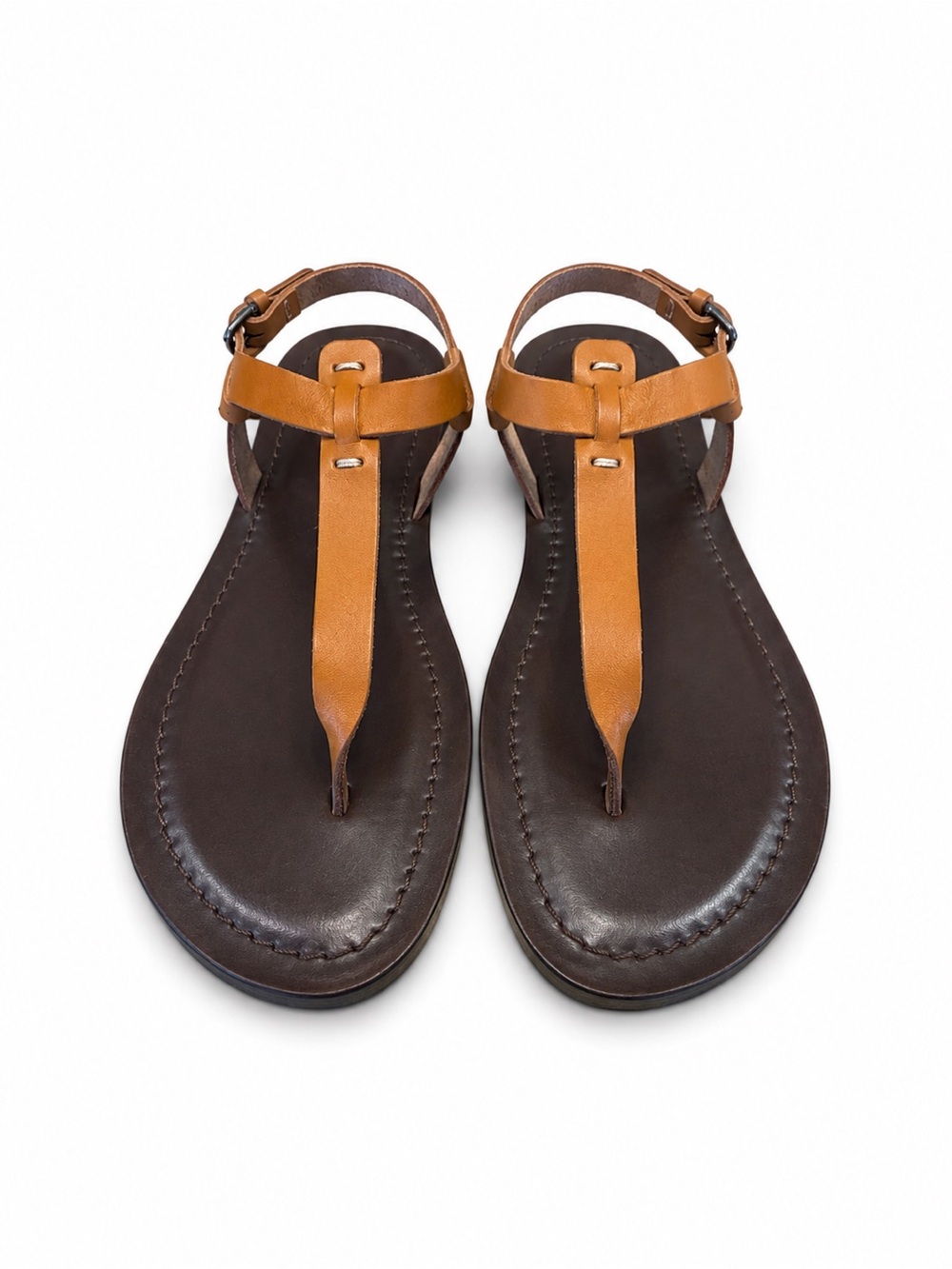 NWOT  Garnet Hill Tan T-Strap Leather Sandals - Picture 2 of 6